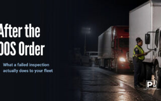 Inspector beside a box truck at a nighttime roadside inspection with a tractor-trailer and pickup waiting in line